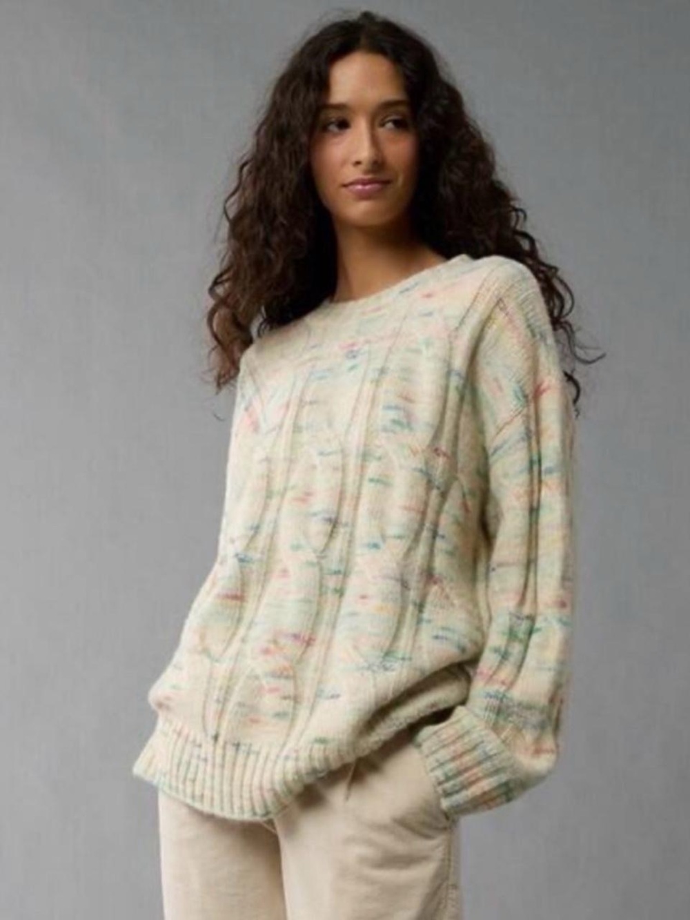 American Eagle Cream Colorful Whoa So Soft Cable Knit Oversized Sweater Sz L
